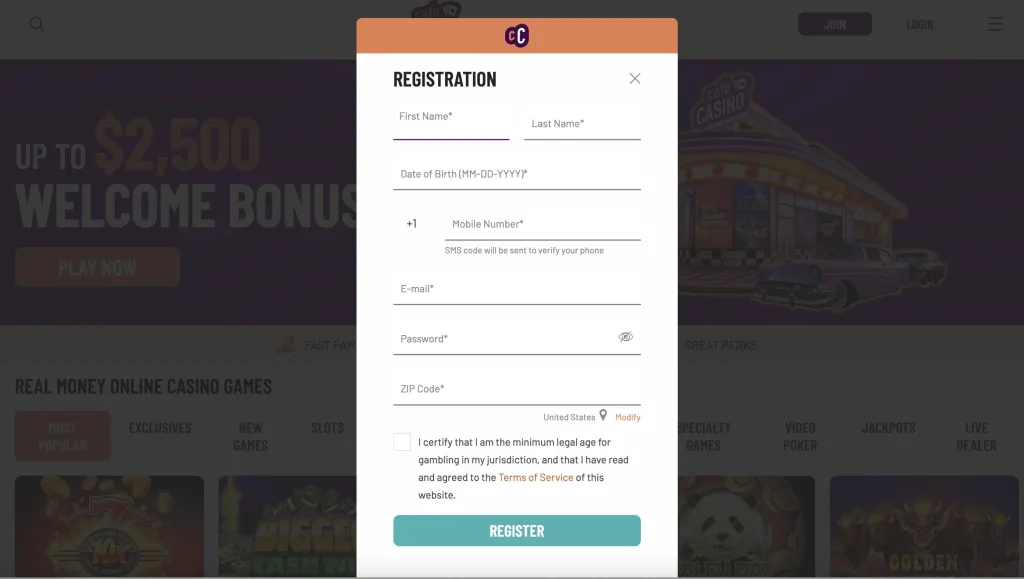 Cafe casino registration and login